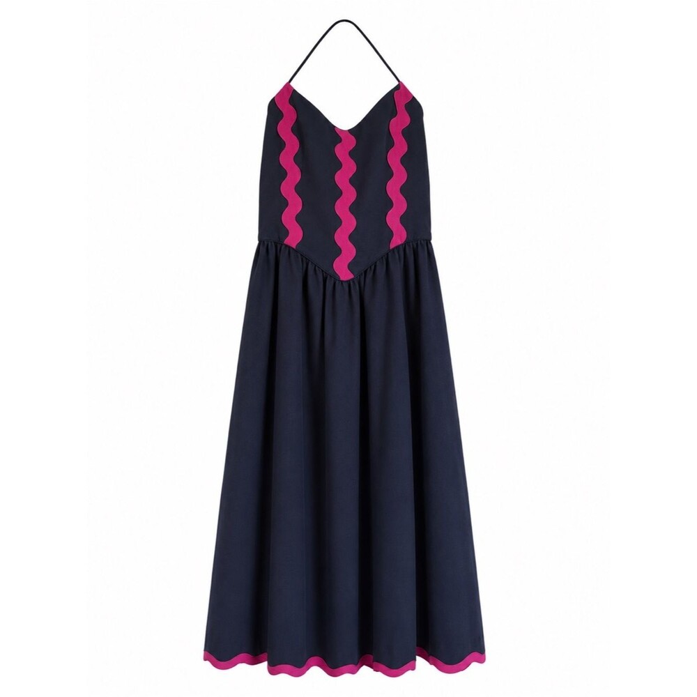 Rare Vintage Betsey Johnson Linen Dress 90’s Midi Halter Navy Blue Made in USA